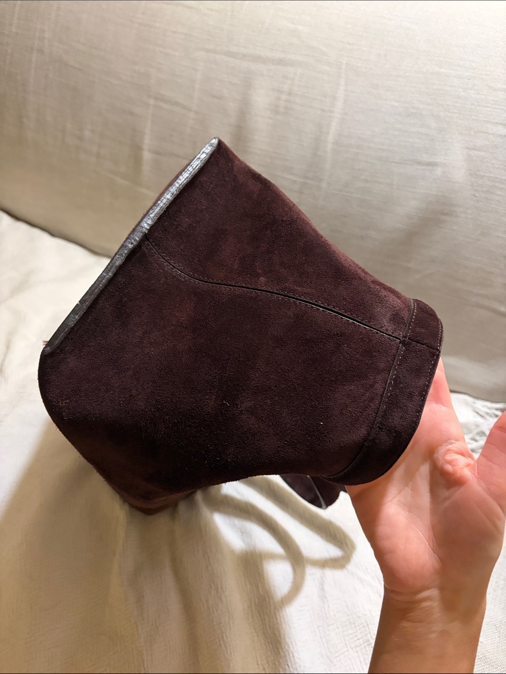 Zara Elongated Horizontal Suede Leather Tote Bag Dark Brown - Picture 4 of 6